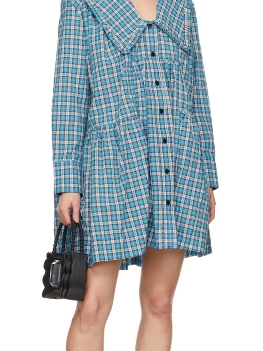 GANNI Blue Plaid Button-Front Mini Dress